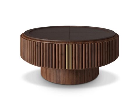 Round walnut coffee table with leather top ROBERT by Wood Tailors Club Wood Center Table, Round Walnut Coffee Table, Chesterfield Living Room, Tables Design, Dining Rug, Center Tables, Robert Scott, Big Table, Walnut Coffee Table