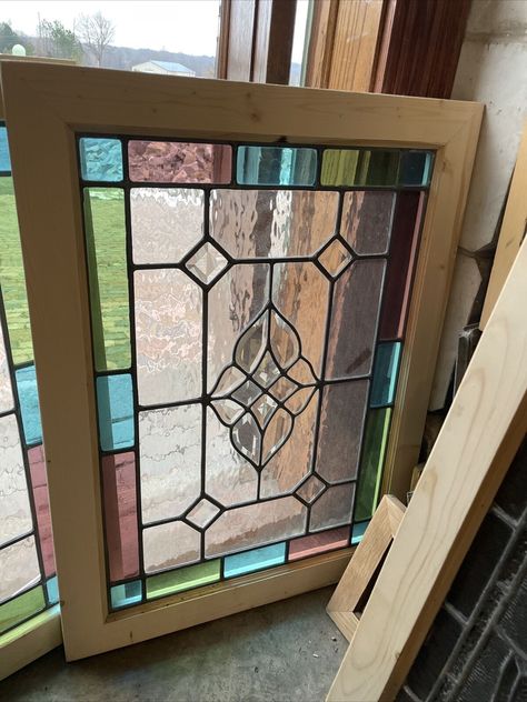 Clear Stained Glass Window, Stained Glass With Bevels, Stained Glass Name Signs, Simple Stained Glass Windows, Modern Stained Glass Windows, Art Deco Stained Glass Window, Stained Glass Transom Window, Old Window Projects, Glass Transom