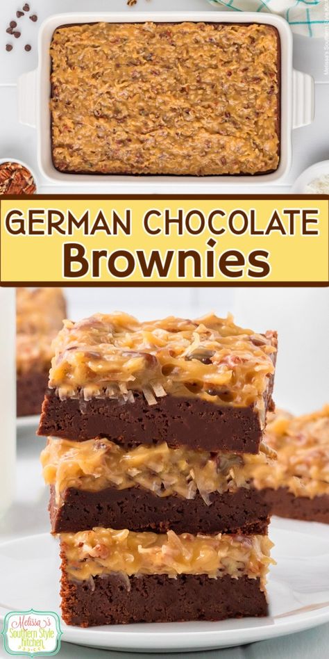 German Chocolate Brownies German Chocolate Brownies, Chocolate Brownies Recipe, Triple Chocolate Cheesecake, Fall Meals, Dessert Bar Recipe, No Bake Bars, Brownies Recipe, German Chocolate, Semi Sweet Chocolate Chips