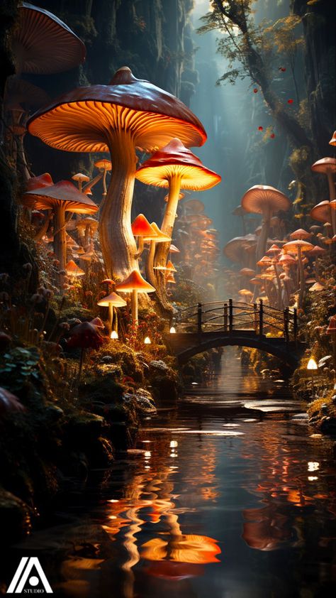 Mythical Mushroom Forest, Fantasy Landscape Mushroom, Mushroom World Art, Fantasy World Creatures, Mushroom Kingdom Aesthetic, Fairytale Landscape Painting, Fantasy Mushrooms Art, Mushroom Environment, Fantasy Biomes