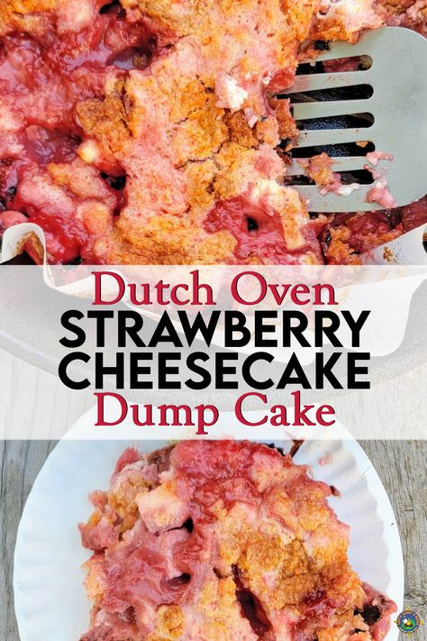 Dutch Oven Cake Camping, Dutch Oven Cheesecake, Dutch Oven Desserts Camping Dump Cakes, Dutch Oven Strawberry Cobbler, Cast Iron Dump Cake Recipes, Camping Dump Cake, Campfire Dump Cake, Dutch Oven Camping Desserts, Dutch Oven Recipes For Camping Desserts