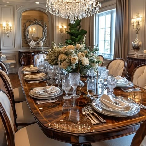 Elegant dining room decor with fine china, crystal, and floral centerpiece Old Money Dinning Room, Dining Room Old Money, Rich Dining Room, Old Money Dining Room, Elegant Dining Room Table Decor, Dining Table Aesthetic, Royal Dining Table, Elegant Dining Room Decor, Dining Room Centerpieces