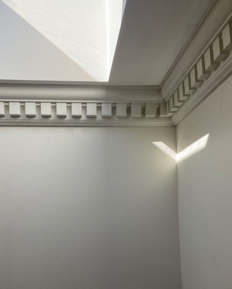 Modern Moulding Ceiling, Parisian Moulding, Dentil Crown Molding, Crown Molding Ideas, Phoebe Nicol, Ceiling Moulding, Modern Crown Molding, Cornice Box, Office Design Concepts