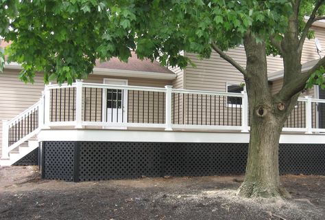 Black lattice Lattice Ideas Decor, Deck Lattice, Lattice Ideas, Lake House Porch, Porch Lattice, Lattice Deck, Lattice Panels, Wood Stair Treads, Building A Trellis