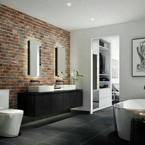 40 Stunning spaces with exposed brick (PHOTOS) – SheKnows Brick Bathroom Wall, Exposed Brick Bathroom, Brick Tiles Bathroom, Brick Bathroom, Rustic Loft, Interior Tiles, Bedroom Design Inspiration, Rustic Ceiling, Tub Tile