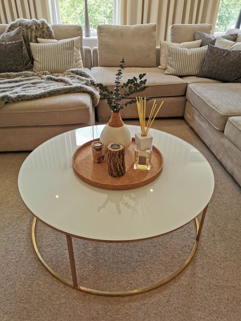 Wood And Gold Coffee Table, Gold And Wood Coffee Table, Beige Inspiration, Round Gold Coffee Table, Gold Couch, Beige Couch, Center Table Living Room, Living Room Center, Wood And Gold