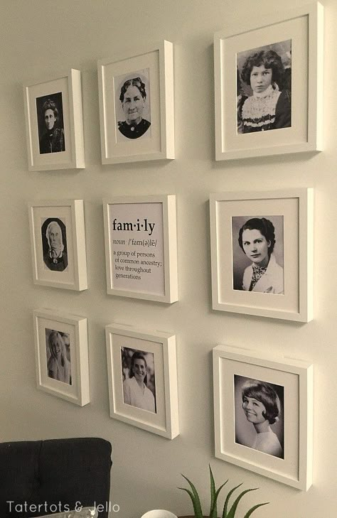 Family Generation Gallery Wall and Printables. Wouldn’t it be cool to blow up the pictures of your ancestors and really showing them off in a gallery wall? Always remember your heritage and the strong family member you came from. Ancestor Wall, Ancestry Wall, Frame Arrangements, History Display, Family History Crafts, Family Tree Photo, Improve Your Memory, History Wall, Memory Wall