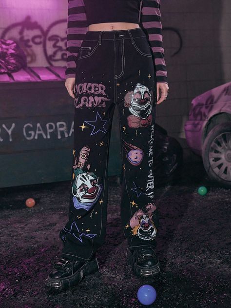 Punk Painted Jeans, Punk Cartoon, Crust Pants, Jeans With Chains, Graphic Jeans, Punk Jeans, Painted Jeans, 90s Fashion Outfits, Altering Clothes