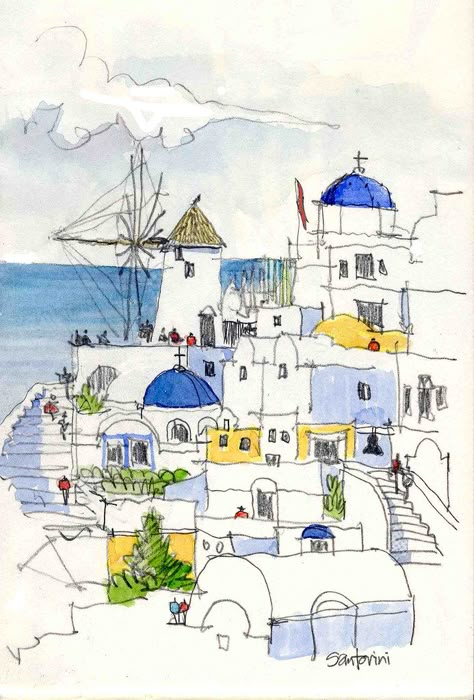 Santorini houses | Pencil and watercolor, 5.5in. x 8in. | James Richards | Flickr James Richards, Line And Wash, Greece Art, Watercolor Architecture, Urban Sketches, Watercolor Journal, Urban Sketch, 수채화 그림, Urban Sketchers