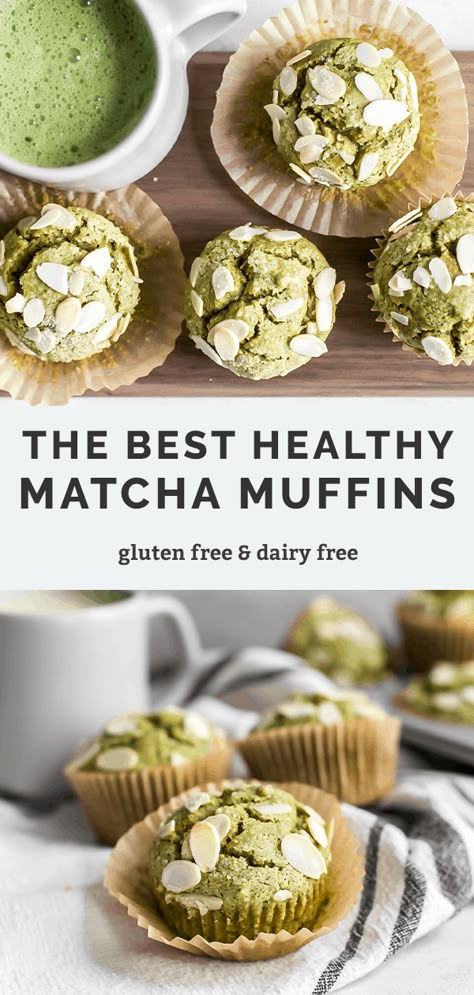 Almond Matcha Muffins made with a blend of whole grain flour and almond flour (gluten-free using 1:1 baking flour!). This clean eating recipe is easy and perfect for the matcha green tea lovers in your life. The almond flavor compliments the matcha well. A dairy-free muffin recipe everyone will love! It makes a healthy snack for kids too! Gluten Free Matcha Muffins, Healthy Matcha Muffins, Gluten Free Matcha Recipes, Healthy Matcha Baking, Matcha Baking Recipes Healthy, Almond Uses, Keto Matcha Recipes, Baking With Matcha, Matcha Muffins Recipes