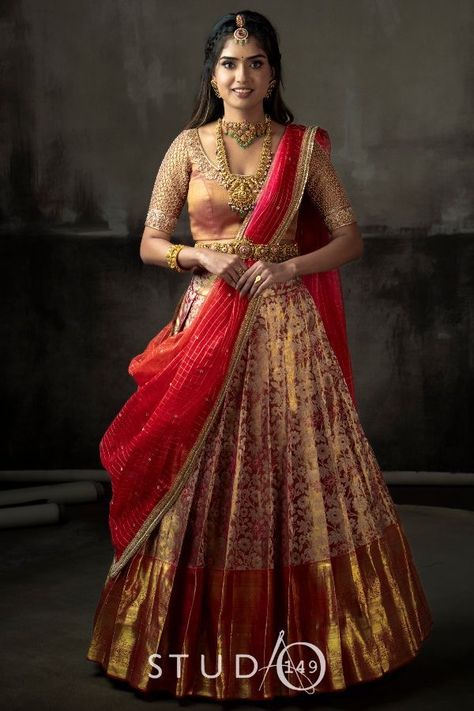 Silk Half Saree Blouse Designs, Silk Half Saree Indian Weddings, Kanchipuram Half Saree, Silk Half Saree Designs, Gold Half Saree, Pattu Half Saree Indian Dresses, Pattu Langa Voni Half Saree, Kanchi Pattu Lehenga Half Saree, Bride Choli