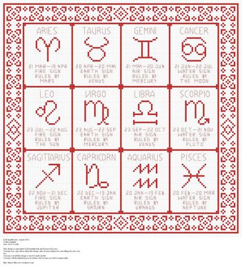 Zodiac Sampler - LARGE Cross Stitch Necklace, Stitch Witchery, Sagittarius And Capricorn, Cross Stitch Pictures, Cross Stitch Baby, Pixel Art Pattern, Taurus And Gemini, Be Patient, Free Cross Stitch