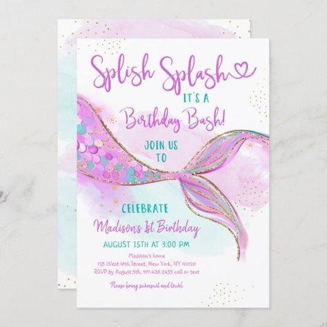 Mermaid Pink Purple Gold Watercolor Birthday Invitation Purple Birthday Invitation, Mermaid Pool Party, Purple Birthday Invitations, Mermaid Pool Parties, Pink Gold Birthday, Mermaid Pool, Mermaid Pink, Watercolor Mermaid, Mermaid Invitations