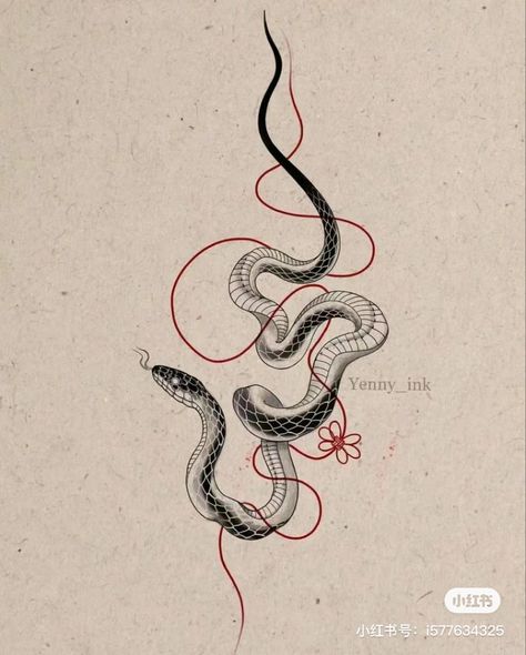 Moon Serpent Tattoo, Long Snake Tattoo Design, Snake Fangs Tattoo, Black Red Snake Tattoo, Brushstroke Snake Tattoo, Beautiful Snake Tattoo, Phoenix And Snake Tattoo, Medusa Snakes Tattoo, Chinese Snake Zodiac Tattoo