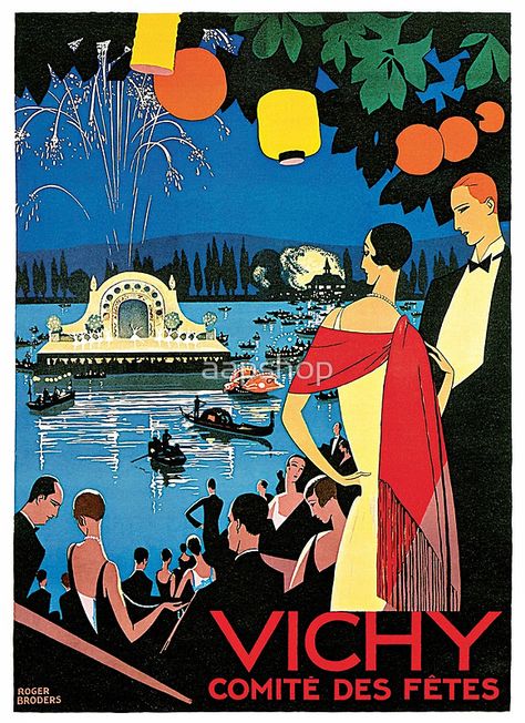 1920s Vichy French high society travel advert Art Deco Travel Posters, Deco Poster, Art Deco Posters, A4 Poster, French Art Deco, Vintage Travel Posters, French Art, Vintage Poster, Vintage Ads