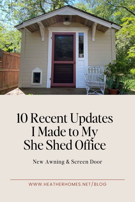 Recently I made 10 updates to my She Shed Office to make it cozier on the inside and more durable with a new awning on the exterior. Office Shed Interior, Office Sheds Backyard, She Shed Office, Vintage Door Hardware, Art Studio Storage, Office Shed, Shed Office, Haint Blue, Design Your Own Home