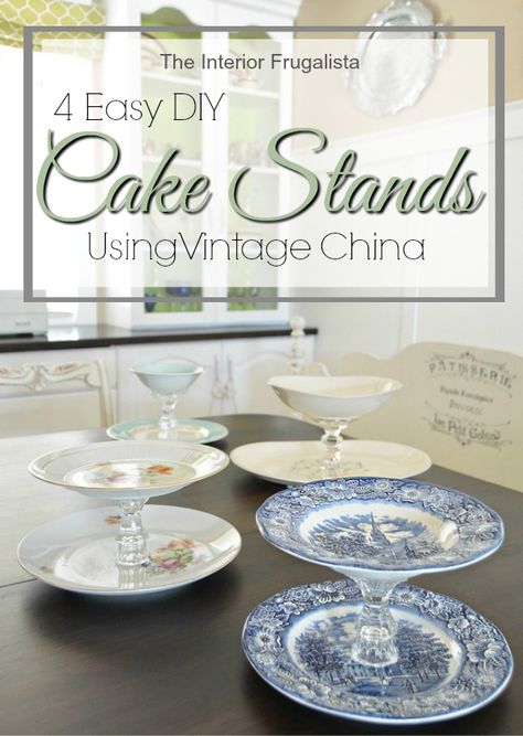 Easy DIY Tiered Cake Stands using four sets of Vintage China | The Interior Frugalista Diy Tiered Cake, Easy Diy Cake, Diy Cake Stands, Dollar Store Candlesticks, Cake Plates Diy, Tableware Ideas, Repurposed China, Tiered Serving Stand, Art Booth