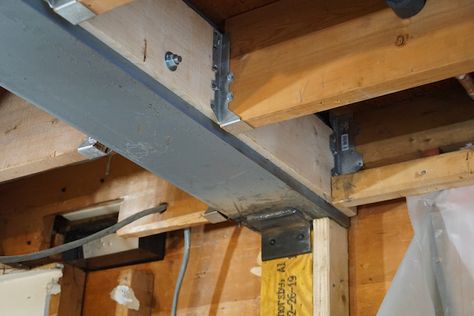 Replacing a Load-Bearing Beam With A Flush Beam Load Bearing Beam, Lvl Beam, Wall Removal, Metal Beam, Framing Construction, Basement Finishing, Load Bearing Wall, Timber Frames, Structural Steel