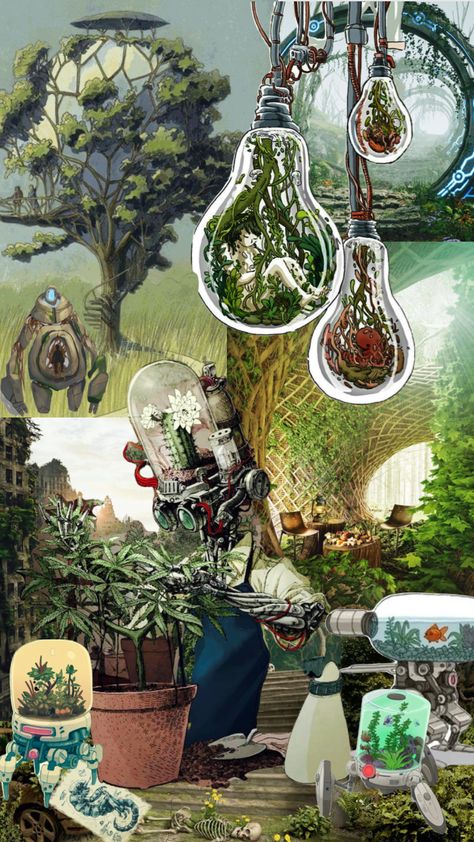 #fantasy #dreamscape #nature #green #aesthetic #moodboard #future Plant Technology Aesthetic, Ecopunk Concept Art, Solarpunk Aesthetic Room, Solar Punk Wallpaper, Nature And Technology Aesthetic, Solar Punk Decor, Plant Cyberpunk, Nature Punk Aesthetic, Magicpunk Aesthetic