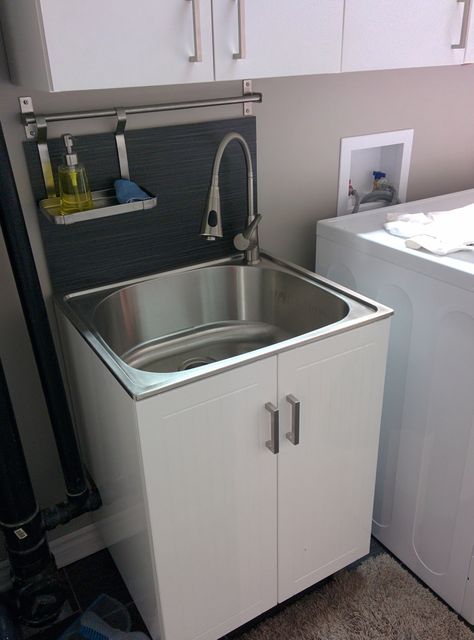 Laundry Room Sink With Cover, Utility Tub Ideas Laundry Rooms, Utility Sink Backsplash Ideas, Laundry Sink Backsplash, Laundry Room Sink Backsplash, Basement Sink Ideas, Dog Sink In Laundry Room, Laundry Tub Ideas Utility Sink, Utility Sink Backsplash