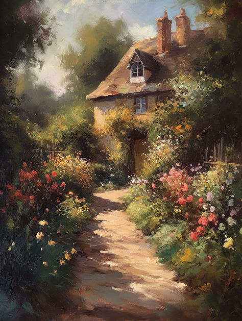 Cottage In The Woods Painting, Cottage Landscape Painting, English Countryside Painting, British Cottage English Countryside, Country Side Painting, Cottage Garden Painting, English Countryside Bedroom, Cottage Paintings, English Countryside Cottage