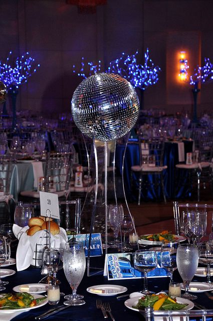 Disco Ball Centerpiece by Sixth Star Entertainment, via Flickr Disco Ball Centerpiece Table Decorations, Disco Themed Table Centerpieces, Disco Ball Candle Centerpiece, Disco Theme Centerpieces Table Decorations, Disco Centerpieces 70s Party, Soul Train Party, Disco Ball Decorations, 70s Party Theme, 70s Disco Party