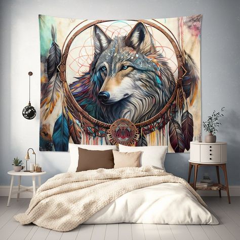 Aho✋ 🪶 let the native wolf scent up your sacred space this wall hanging tapestry was made with pure love for nature ♡ Every purchase supports endangered species👇 by visiting our Etsy shop | ONE SOUL § ONE TRIBE https://www.instagram.com/earths.tribe Native Wolf, Wolf Dreamcatcher, Dreamcatcher Design, Native American Wolf, Ethnic Home Decor, Room Ambiance, Wall Hanging Art, Abstract Art Inspiration, Bedroom Dorm