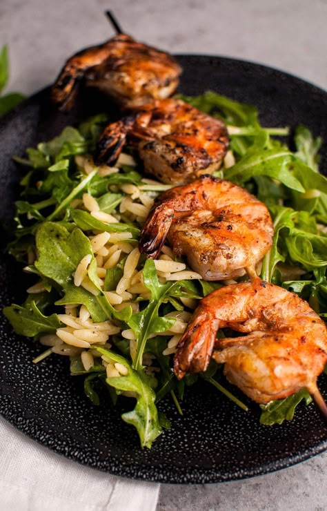 Grilled Shrimp Orzo, Bbq Pork Ribs, Bbq Shrimp, Pork Rib Recipes, One Pot Dinners, Arugula Salad, Grilled Shrimp, Rib Recipes, Leafy Greens