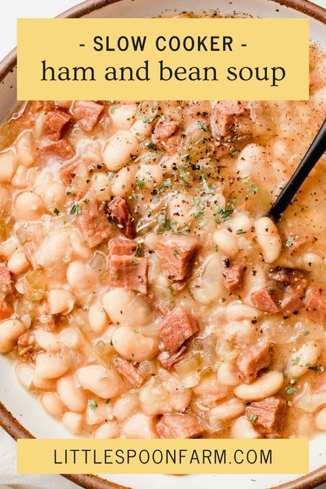 Slow Cooker Ham and Bean Soup is a hearty, delicious, comforting crock pot recipe with creamy white beans that's perfect for using up leftover ham! Toss the ingredients into your crock-pot and let it do all the work. Warm, comforting and so easy to make. Bean Soup With Ham Bone Crockpot, Ham Bean Soup Crockpot, Slow Cooker White Beans, Ham Soup Crockpot, November Meals, Bean Soup Crockpot, Ham Bone Soup Recipes, Beans Recipe Crockpot, White Beans And Ham