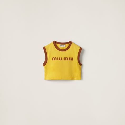 Yellow+tobacco Cotton Jersey Top With Embroidered Logo | Miu Miu Miumiu Dress, Summer 2024 Trends, Logo Yellow, Fashion Moodboard, Luxury Clothes, Press Tour, Mood Board Fashion, Evening Outfits, 2024 Trends