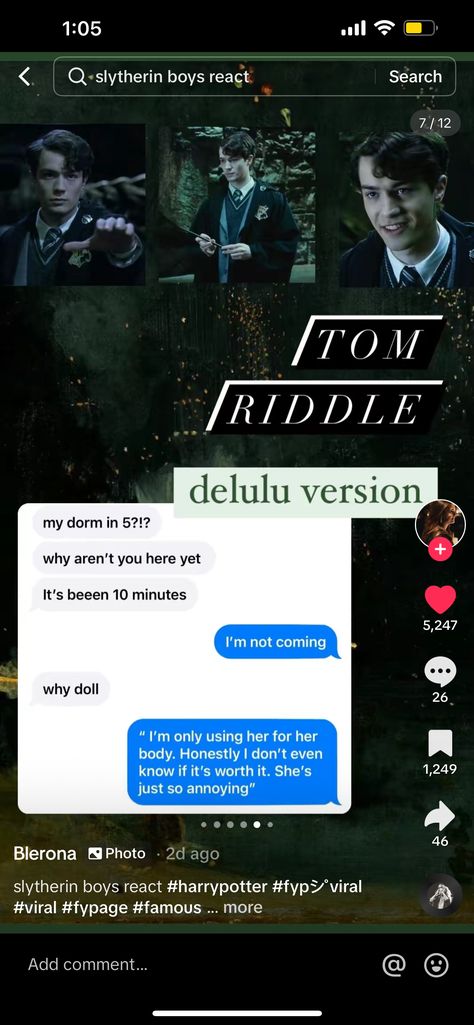 Tom Riddle Text Message, Slytherin Funny, Harry Potter Riddles, Slytherin Gang, Love Stories To Read, Slytherin Wallpaper, Imagine Scenarios, Slytherin Harry, Benjamin Wadsworth