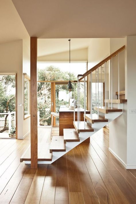 Open Stairs, Open Staircase, Wood Staircase, Stair Remodel, Floating Stairs, Floating Staircase, Modern Interior Decor, Mid Century Modern Living, Modern Stairs