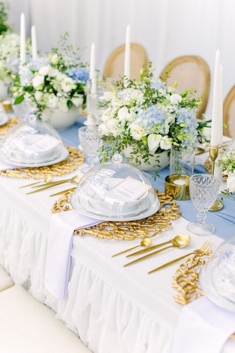 Kara's Party Ideas Elegant Dusty Blue & Gold Baptism | Kara's Party Ideas Blue Tablecloth Wedding, Light Blue Wedding Table, Blue Gauze Table Runner, Wooden Wedding Arch, Soft Blue Wedding, Blue Wedding Table, Wedding Table Cloth, Table Styling Ideas, Wooden Wedding Arches