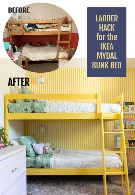 I made a brand new bunk bed by removing a section fo the ladder on the IKEA mydal bunk bed.  Read the tutorial to make your IKEA bunk bed a million times better. Mydal Hack Bunk Bed, Mydal Bunk Beds, Ikea Hacks Bunk Beds, Ikea Mydal Bed Hack, Ikea Mydal Bunk Bed Ideas, Mydal Bed Hack, Diy Ikea Bunk Bed Hack, Mydal Ikea Hack Bed Ideas, Lit Mydal Ikea