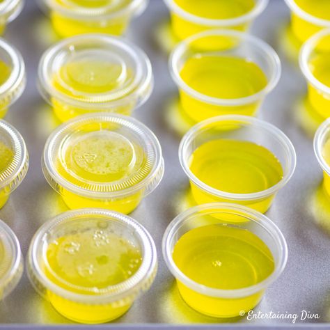 Best Yellow Jello Shot Recipes - Entertaining Diva Recipes @ From House To Home Yellow Jello Shots, Best Jello Shot Recipes, Lemon Jello Shots, Orange Jello Shots, Pina Colada Jello Shots, Rum Jello Shots, Margarita Jello, Sour Apple Pucker, Best Jello Shots