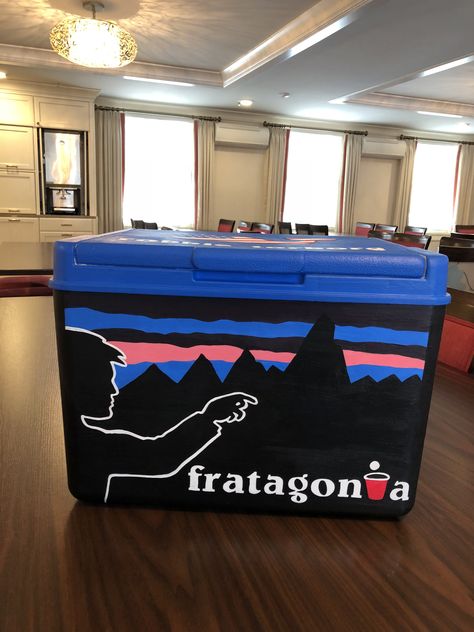 Cooler Painting Fratagonia Painting Coolers For Guys Fraternity, Mountain Weekend Cooler Ideas, Decorating Coolers Fraternity, Custom Cooler Ideas, Unique Frat Cooler Ideas, Ato Formal Cooler, Lake Havasu Frat Cooler, Painted Frat Cooler Ideas, Colorado Frat Cooler