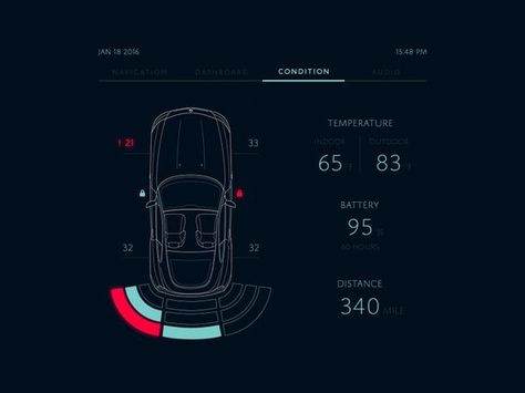 A very useful interaction added into car interface as Driving Radar. Displays if others cars are too close when driving or the car is too close to other obstacles. Car condition displayed with impo...: Dark Dashboard, Navigation Ui, Hud Design, Dashboard Interface, Car App, Car Ui, App Ideas, Digital Dashboard, Cmf Design