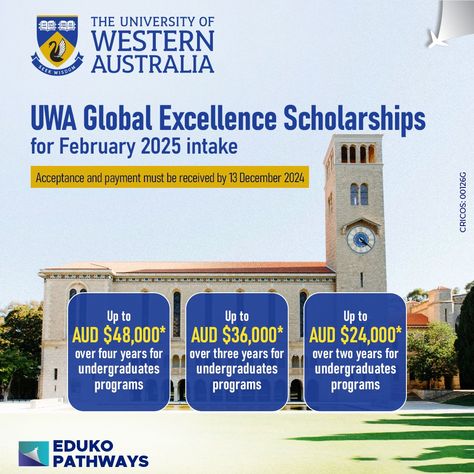 🚨 Exciting News! 🚨 UWA Global Excellence Scholarships (GES) for February 2025 intake are now approved! 🌟 ✨ Scholarship amounts remain unchanged and ranges are $6,000, $10,000, and $12,000 per year. 🔄 UWA Admissions will re-assess offers and send updated ones with the correct scholarship amounts soon. 📅 Deadline: Acceptance and payment must be received by 13 December 2024. Don't miss this opportunity! *Please note: These scholarships are available for Semester 1 only. 🎓 Undergraduate Scho... 13 December, Western University, December 2024, Exciting News, Undergraduate, Western Australia, Assessment, University, Quick Saves