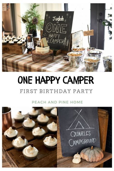 Camper Birthday Party, Birthday Party Camping, One Happy Camper First Birthday, Happy Camper Birthday Party, Simple Camping, Camping Theme Birthday, One Happy Camper, Boys First Birthday Party Ideas, Camping Theme Party