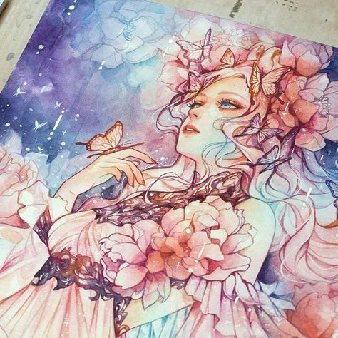 Margaret Morales on Instagram: "“Fleeting”✨my newest piece for our ‘Ephemeral’ show at @jiro.miura gallery in Tokyo, Japan ❤️ For inquiries on the original painting please contact the gallery at info@jiromiuragallery.com 💓 . . #watercolor #originalart #love #dream#ephemeral #margaretmoralesart #characterdesign #painting" Margaret Morales, Valentine Dress, Love Dream, Fantasy Adventure, Anime Scenery, Tokyo Japan, Painting Tutorial, The Gallery, Diamond Painting