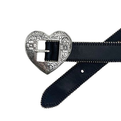 Add a vintage touch to your look with this unique engraved silver heart belt. Designed in smooth black leather detailed with silver ball and chain trim this exclusive heart belt was created to make you stand out!  WEB EXCLUSIVE Details: Belt Strap 1.5" Vintage heart buckle Silver ball and chain trim Can be worn as a hi Heart Belt Buckle, Belts Aesthetic, Heart Belt, Cool Belt, Ball And Chain, Cowgirl Aesthetic, Vintage Wardrobe, Silver Engraving, Vintage Belts