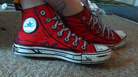 For my comic zombie Halloween costume and I am in love, gonna have to do this to my whole wardrobe now! Paint Shoes Ideas Converse, Cell Shaded Converse, Zombie Custome Ideas Diy, Shoe Diy Painted, Painted Shoe Designs, Designs To Draw On Shoes, Cool Converse Designs, Customized Converse Ideas, Things To Draw On Your Shoes