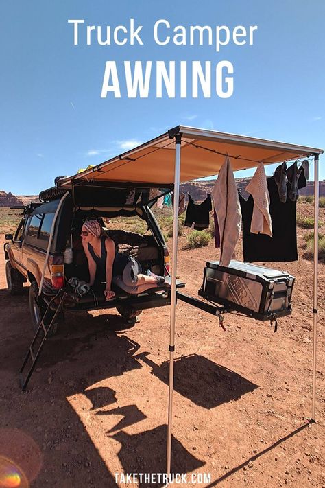 This post tells exactly how to add a truck camper awning to the rear of your truck shell rather than the side, as usually done. A truck camper rear awning can keep you and your kitchen out of the rain and sun, extending your outdoor space since truck bed campers are so small! #takethetruck #truckcamping #truckcamper #diycamper #overlanding #camping #arb Truck Topper Camping, Camper Awning, Truck Shells, Vehicle Camping, Best Truck Camper, Truck Camper Shells, Truck Living, Truck Toppers, Truck Bed Camping