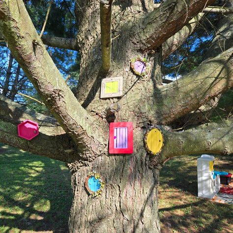 On a previous trip where I painted the fairy forest room, I looked out the window as I painted around it and noticed this perfect pine tree with lots of low branches that was begging for fairy doors. It turns out my friend had thought about making his daughter a gypsy camp themed play space in the area among these 5 big pines. Thus, the fairy camp was born! This includes an elaborate obstacle course, swings, chalkboard, music wall, play kitchen, and lots of seating for everyone! Fairy Forest Room, Forest Room, Fairy Forest, Looking Out The Window, Found Art, Fairy Doors, Play Space, Obstacle Course, Music Wall