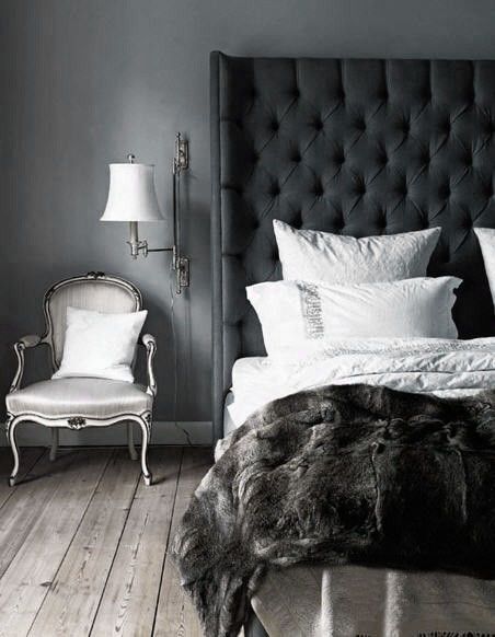 ♅ Dove Gray Home Decor ♅ luxurious grey bedroom with faux fur duvet throw and tufted headboard Dramatic Bedroom, Head Boards, Masculine Bedroom, Hotel Chic, Bedroom Bliss, Dreamy Bedrooms, Pretty Colors, Blue Bedroom, Decor Tips