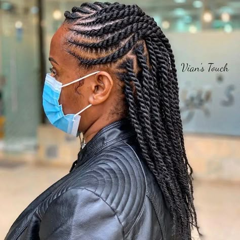 Half Flat Twist Half Twist, Feed In Flat Twist Hairstyles, Half Flat Twist Half Down, Twisted Hair Styles, Cruise Hairstyles For Black Women, Flat Twist Updo Natural Hair, Cornrow Designs, Braided Mohawk, Hairstyles For All Hair Types