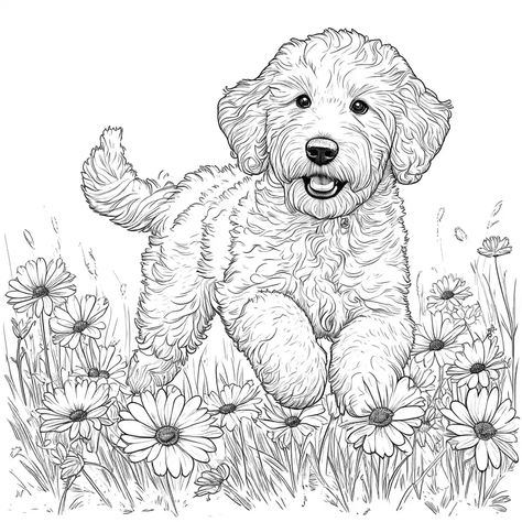 Flower Field, Goldendoodle, Coloring Page, Coloring Pages, Flowers, Color, Colouring Pages