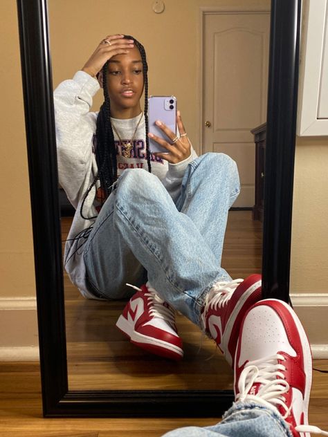 Red Low Dunks Outfit, White And Red Jordans Outfit, Styling Red Jordans, Varsity Red Jordan Outfit, White And Red Sneakers Outfit, Red And White Nike Dunks Outfit, Red Nikes Outfit, Outfits With Red Jordans 1s, Dunk Low Gym Red Outfit