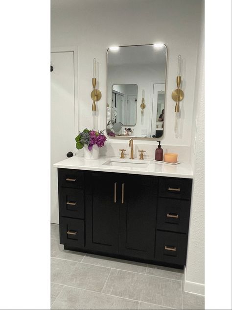 Black Vanity With Gold Hardware, Black Grey And Gold Bathroom, Black Bathroom Floor Gold Fixtures, Black Vanity Gold Hardware, Bathroom Vanity Gold Hardware Black Faucet, Black Bathroom Vanity Gold Hardware, Black And Gold Hardware Bathroom, Black Vanity Gold Fixtures, Black Vanity Grey Tile