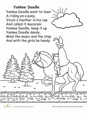 Kindergarten Music Worksheets: Yankee Doodle! Nursery Rhymes Preschool Crafts, February Lessons, Patriotic Songs, Nursery Rhymes Preschool, Yankee Doodle Dandy, Children Songs, America Theme, Circle Time Songs, Kindergarten Music